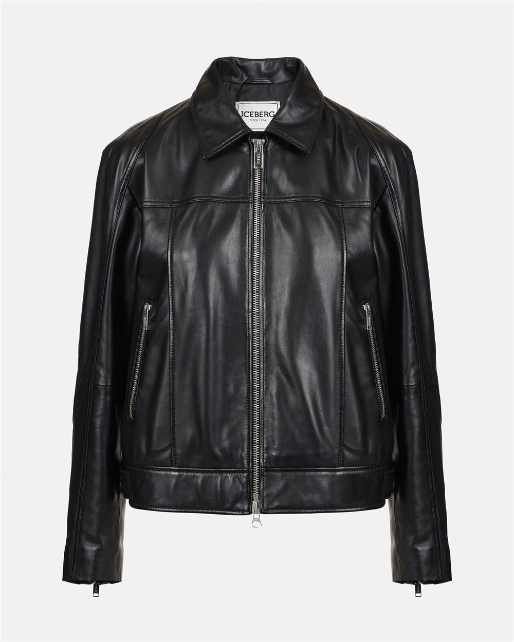 Black leather jacket with biker details Iceberg Milano Italia logo - Iceberg - Official Website