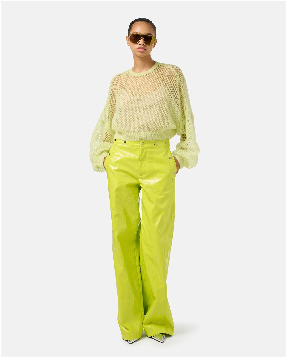 Soft and lightweight crewneck in openwork mohair in lime yellow - Iceberg - Official Website