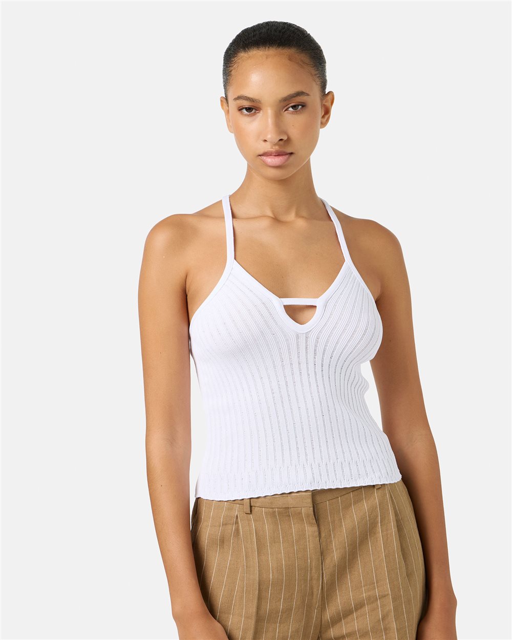 White low-cut top in stretch viscose with flat ribs - Iceberg - Official Website