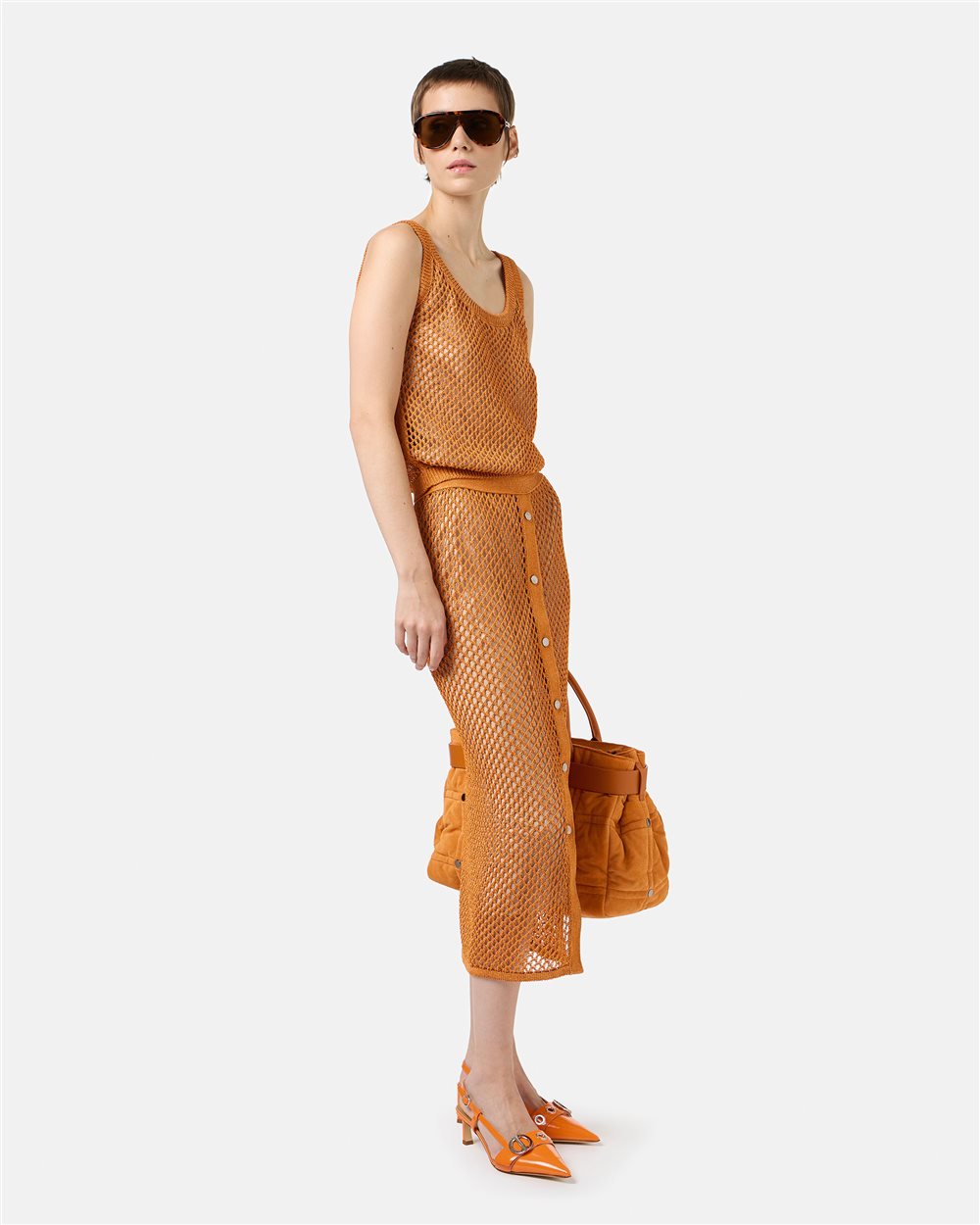 Carrot Cotton Nylon Mesh Perforated Skirt with Metallic Details - Iceberg - Official Website