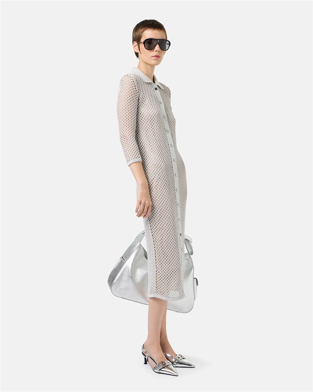 Light Grey Openwork Knit Polo Neck Dress - Iceberg - Official Website