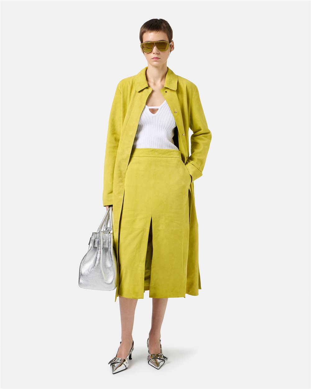 Lime Yellow Suede Pencil Skirt with Front Slit - Iceberg - Official Website