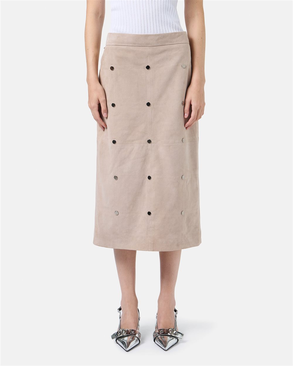 Ecru Suede Pencil Skirt with Checkerboard Embroidery - Iceberg - Official Website