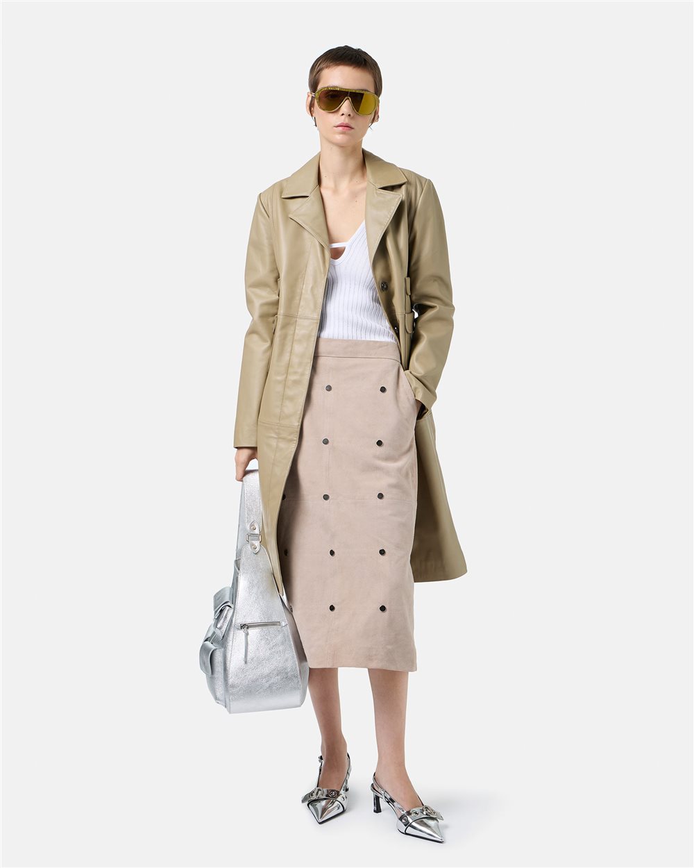 Ecru Suede Pencil Skirt with Checkerboard Embroidery - Iceberg - Official Website