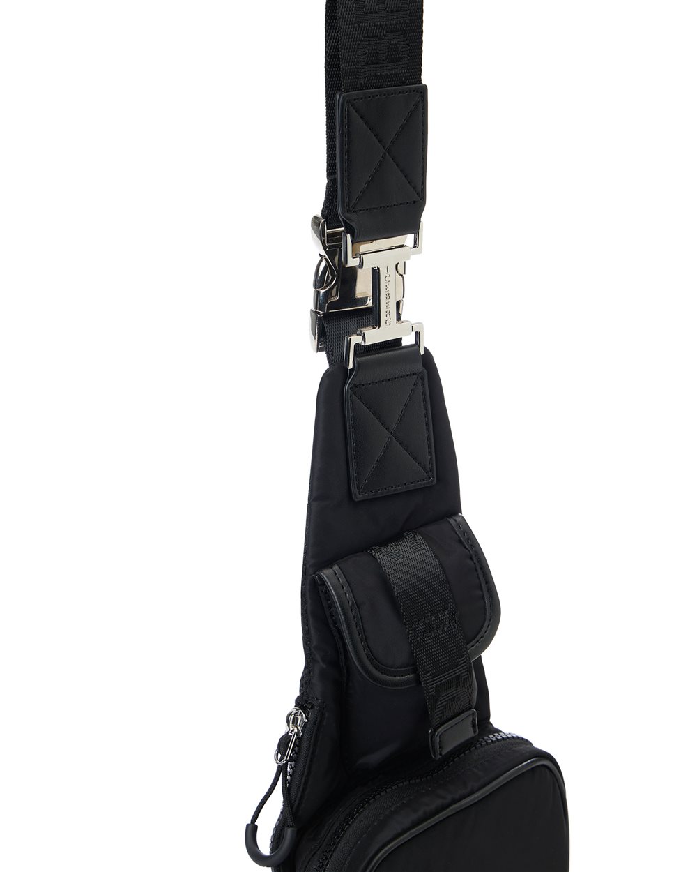 Black soft nylon shoulder bag with maxi pockets and personalized ribbons - Iceberg - Official Website