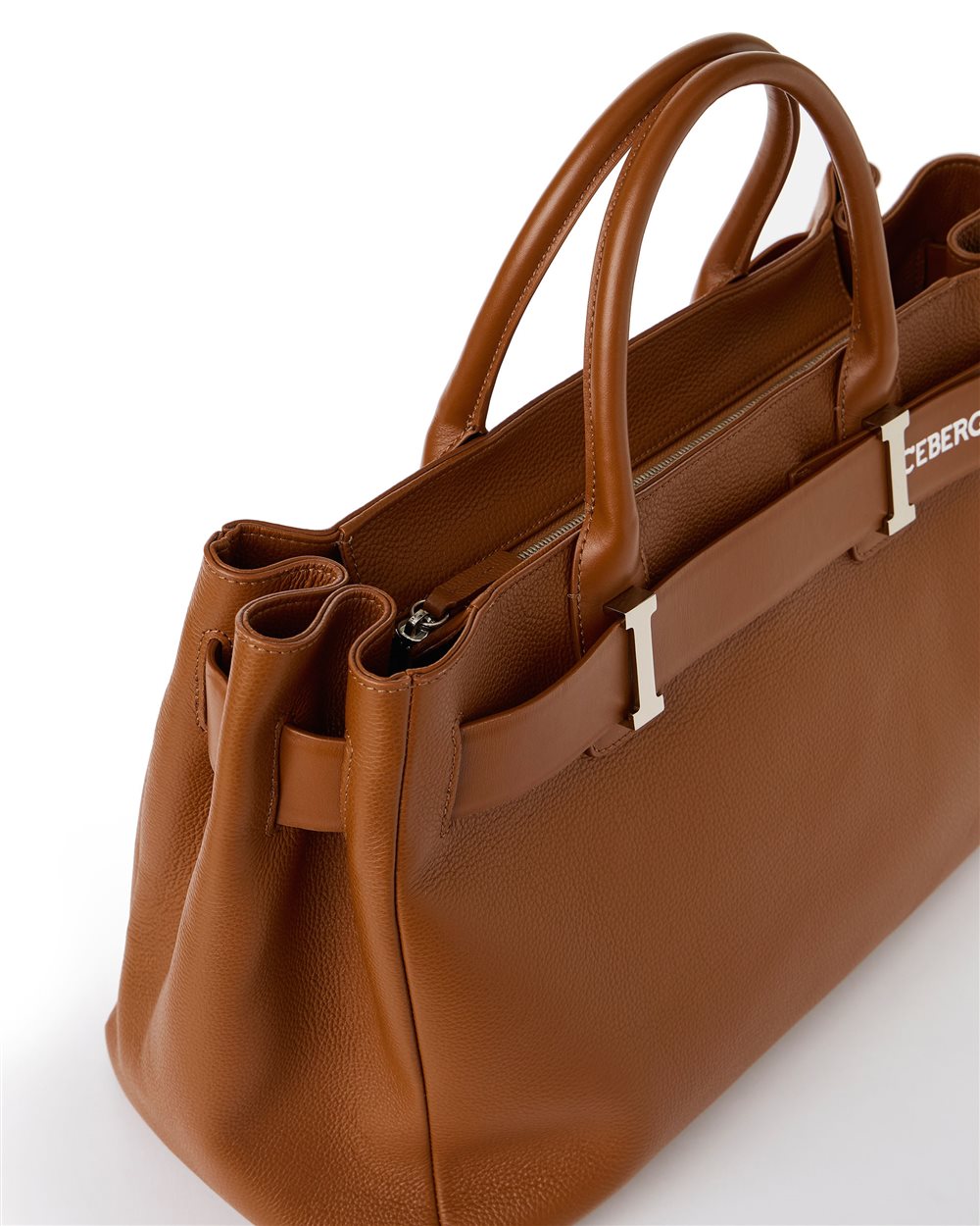 Willer leather maxi shopper bag in coccio color with smooth leather buckle and silver details - Iceberg - Official Website