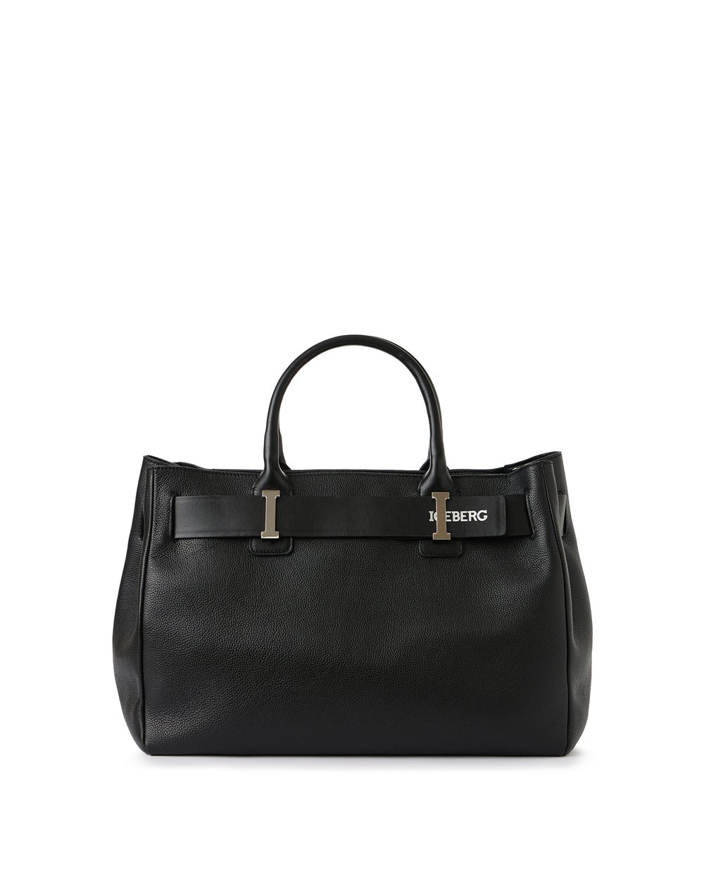 Maxi shopper bag in black Willer leather with smooth buckle and silver details - Iceberg - Official Website