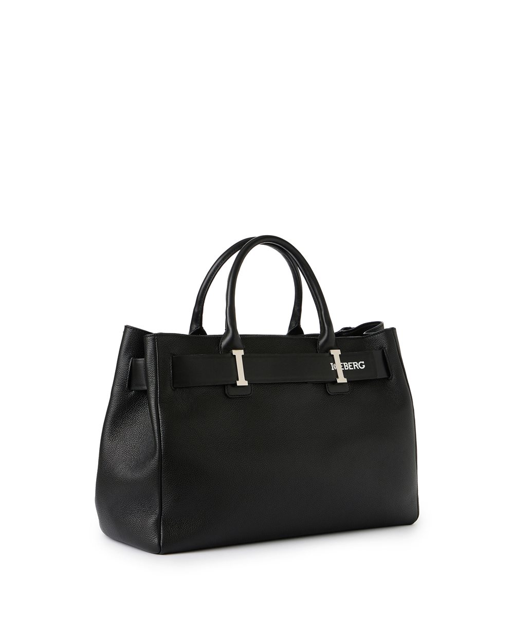 Maxi shopper bag in black Willer leather with smooth buckle and silver details - Iceberg - Official Website