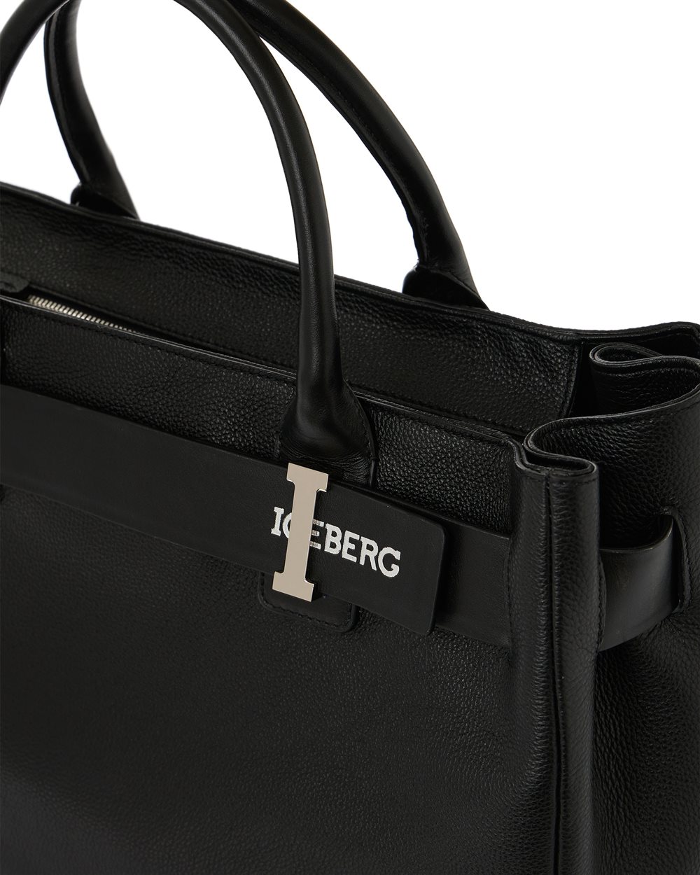 Maxi shopper bag in black Willer leather with smooth buckle and silver details - Iceberg - Official Website