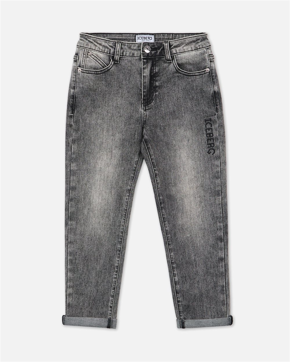 Gray 5-pocket demi-wash jeans with straight leg and ankle cuffs - Iceberg - Official Website