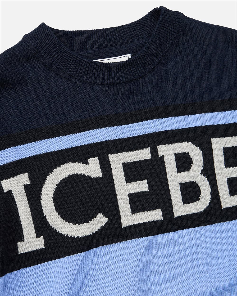 Blue and light blue crewneck sweater with Iceberg logo stripe - Iceberg - Official Website