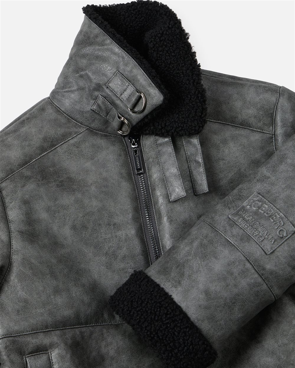 Charcoal gray jacket with faux sheepskin collar and cuffs - Iceberg - Official Website