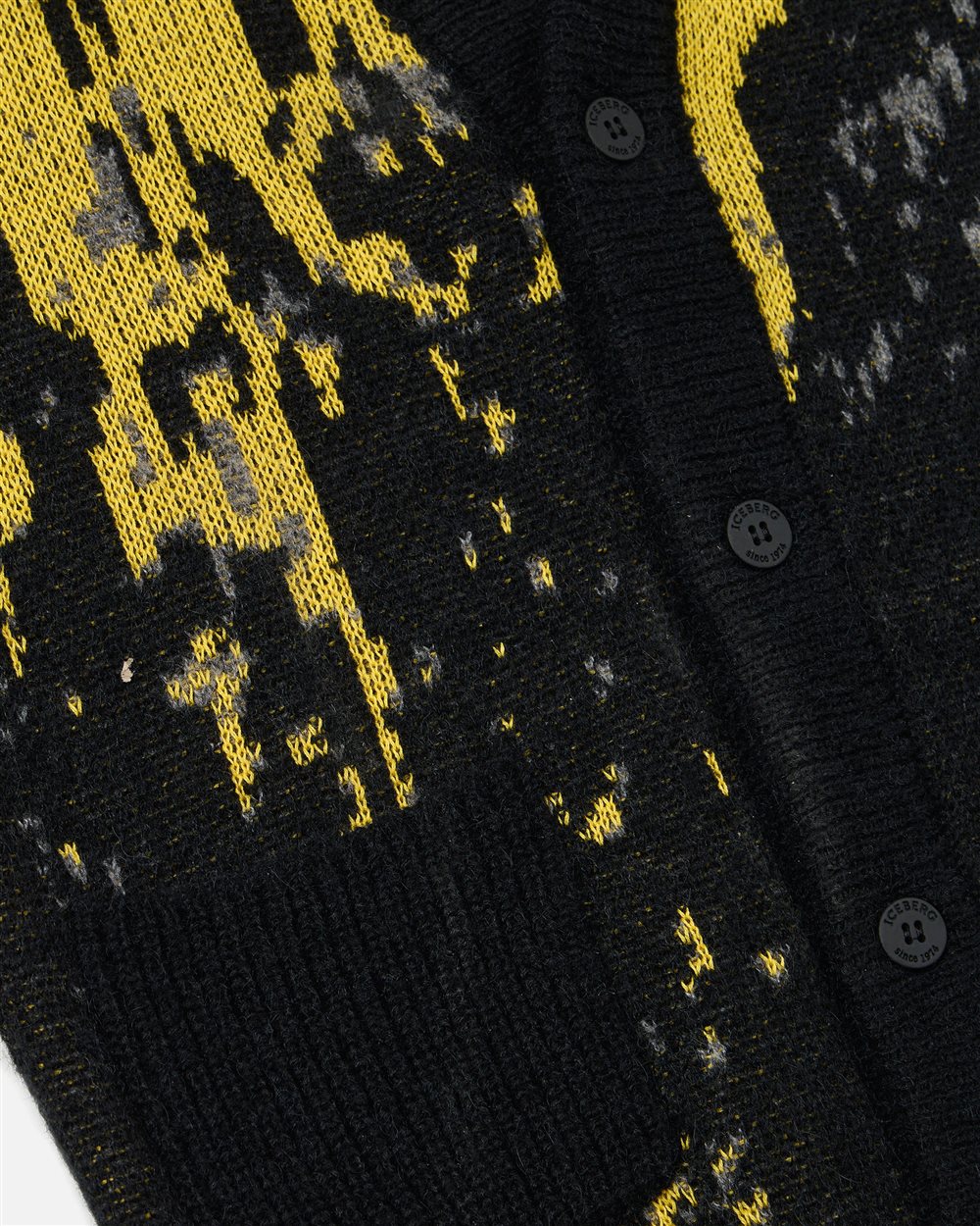 Black wool cardigan with yellow and white patterned details - Iceberg - Official Website