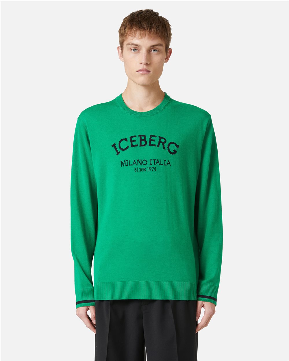 Emerald green crewneck sweater in extra-fine merino with Iceberg Milano Italia logo - Iceberg - Official Website