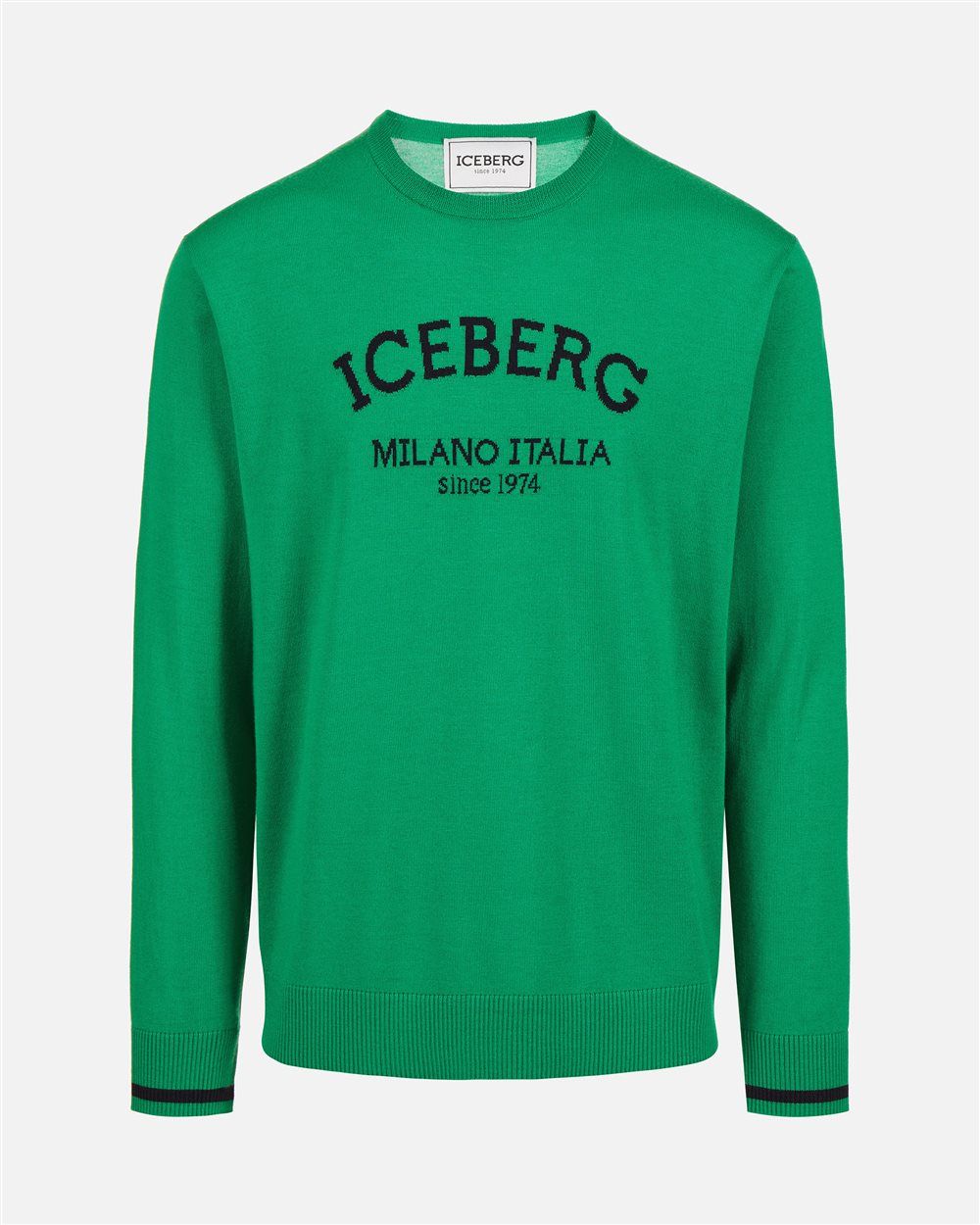Emerald green crewneck sweater in extra-fine merino with Iceberg Milano Italia logo - Iceberg - Official Website