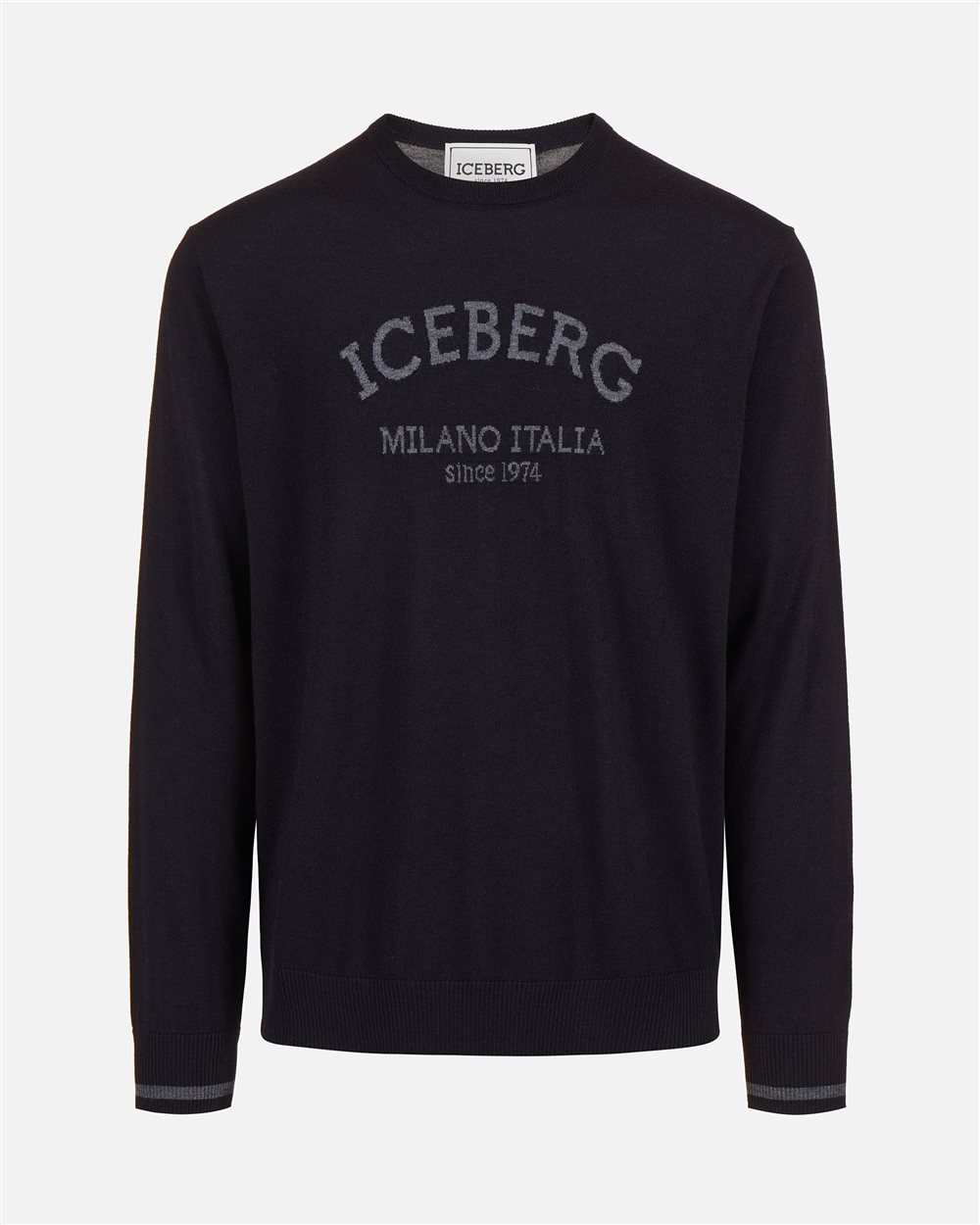 Classic blue crewneck sweater in extra-fine merino with Iceberg Milano Italia logo - Iceberg - Official Website
