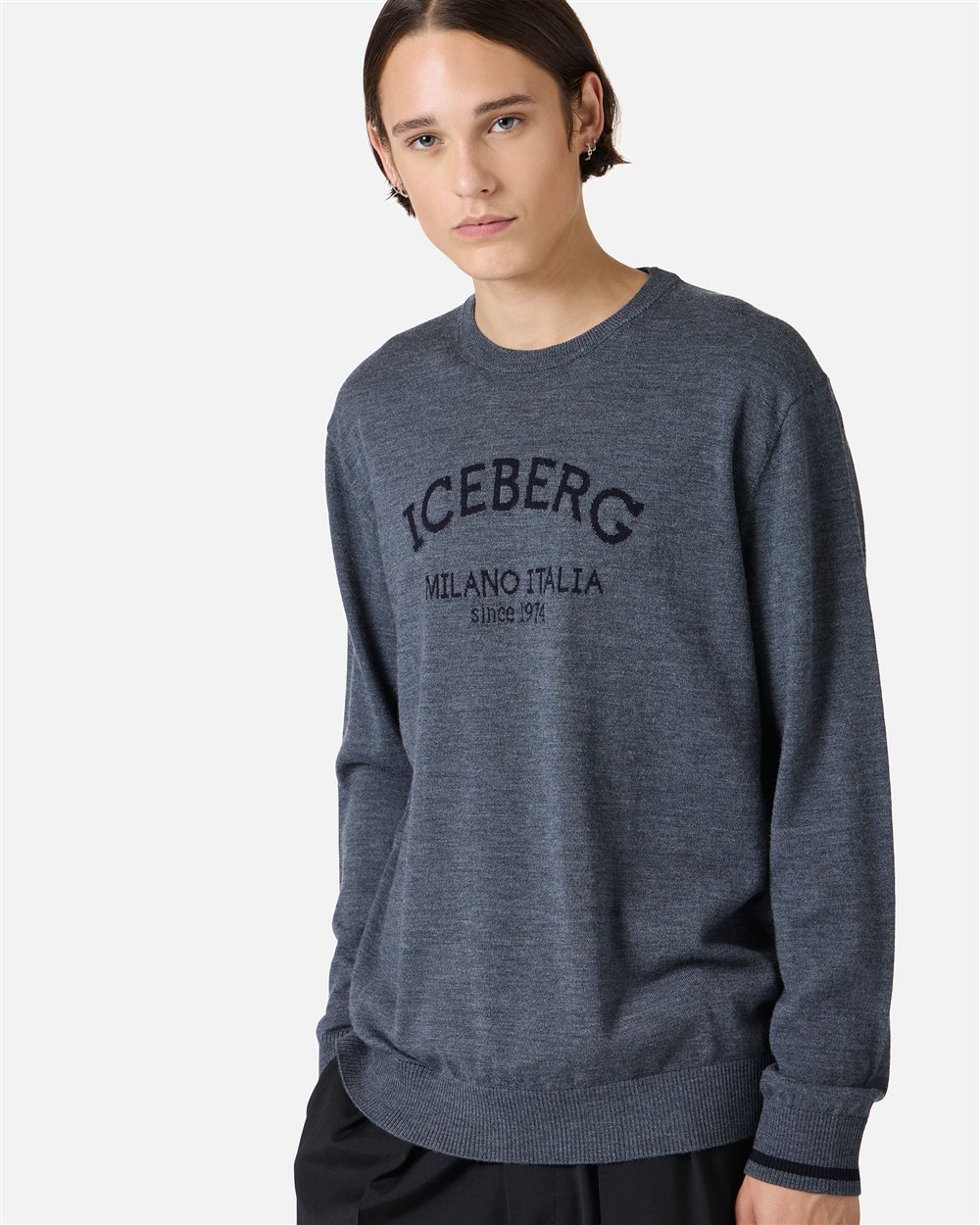 Dark grey melange crewneck sweater in extrafine merino with Iceberg Milano Italia logo - Iceberg - Official Website