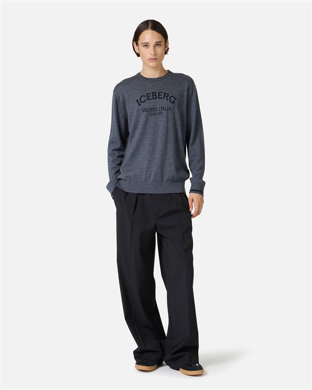 Dark grey melange crewneck sweater in extrafine merino with Iceberg Milano Italia logo - Iceberg - Official Website