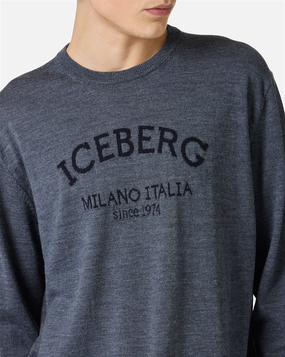 Dark grey melange crewneck sweater in extrafine merino with Iceberg Milano Italia logo - Iceberg - Official Website