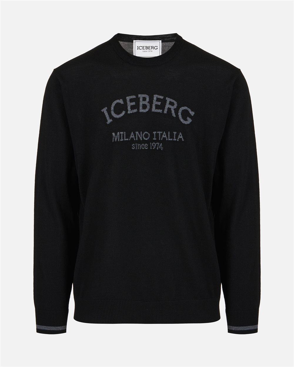 Black crewneck sweater in extra-fine merino with Iceberg Milano Italia logo - Iceberg - Official Website
