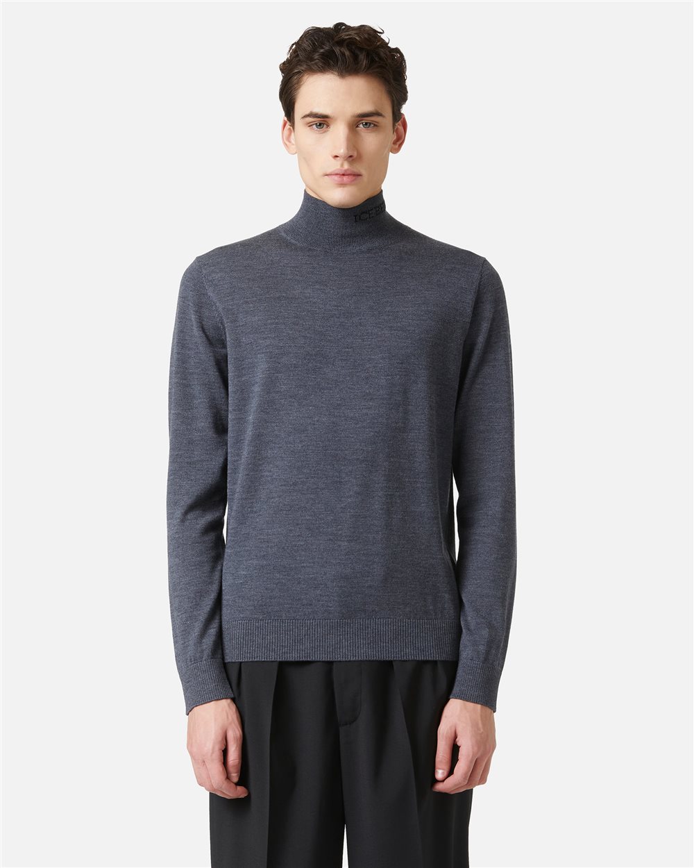Slim fit turtleneck sweater in dark grey merino with contrasting Iceberg logo - Iceberg - Official Website