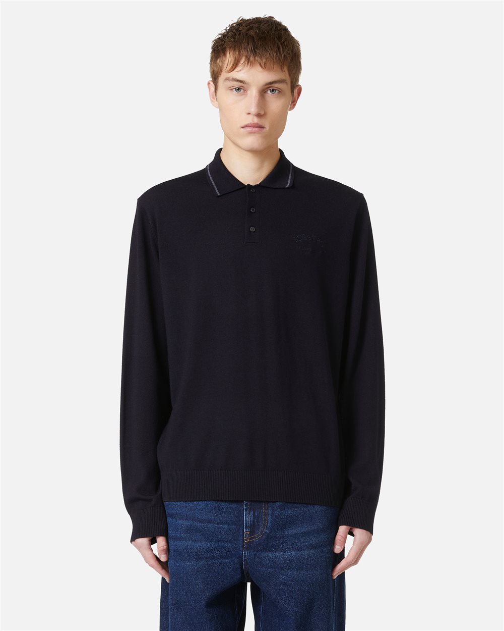 Classic blue polo in extra-fine merino with custom embroidery - Iceberg - Official Website