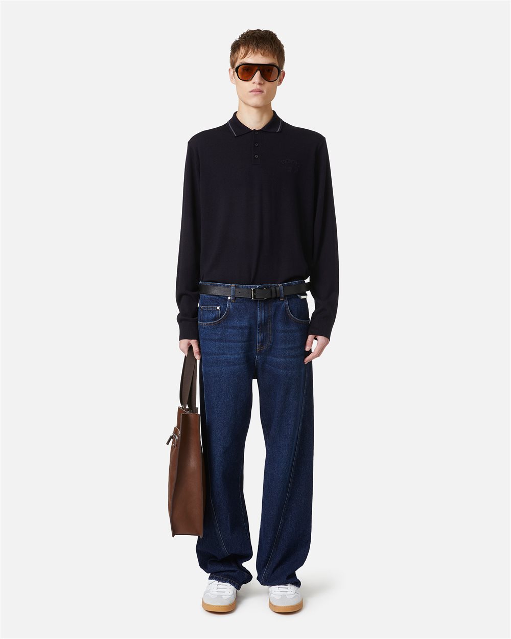Classic blue polo in extra-fine merino with custom embroidery - Iceberg - Official Website