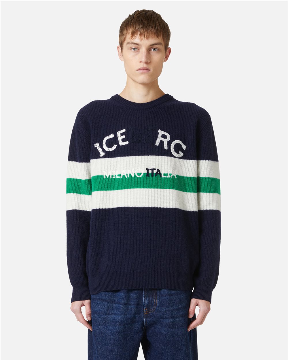 Multicolor Crewneck Sweater in Lambswool Corn Stitch - Iceberg - Official Website