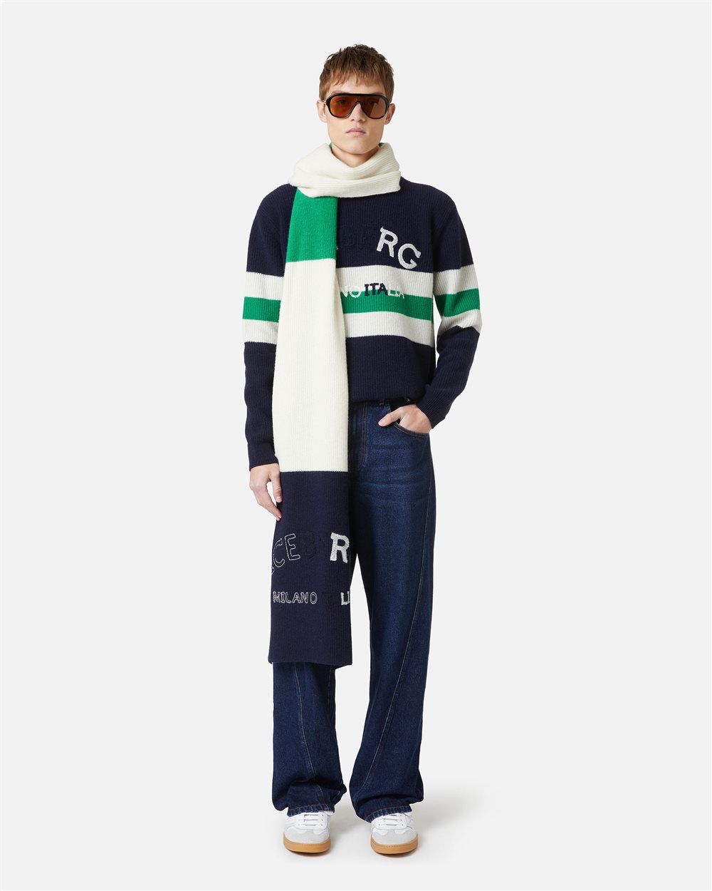 Multicolor Crewneck Sweater in Lambswool Corn Stitch - Iceberg - Official Website