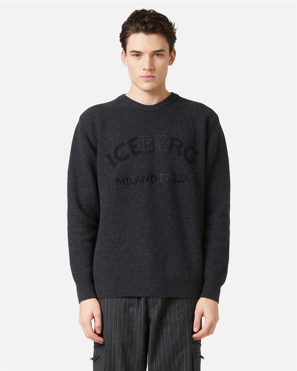 Crewneck Sweater in Lambswool Punto Pannocchia in Melange Grey - Iceberg - Official Website