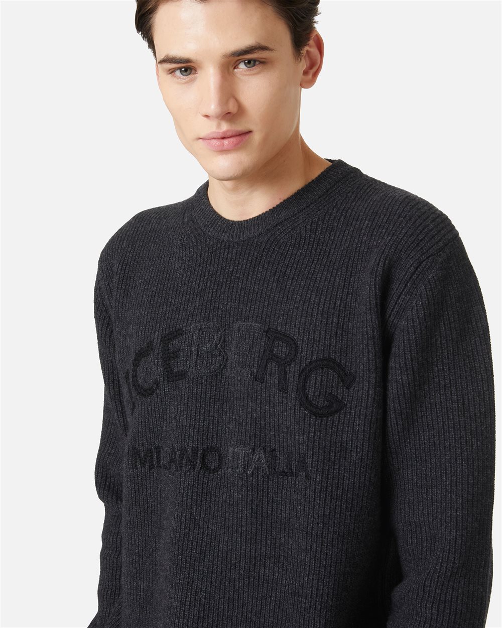 Crewneck Sweater in Lambswool Punto Pannocchia in Melange Grey - Iceberg - Official Website