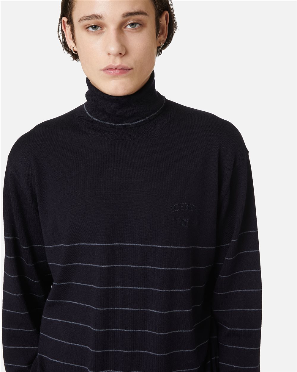 Multicolor turtleneck sweater in extra-fine merino with thread embroidery logo - Iceberg - Official Website