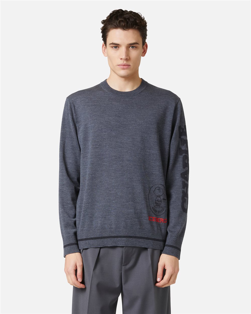 Crewneck sweater new regular fit in dark grey melange extrafine merino - Iceberg - Official Website