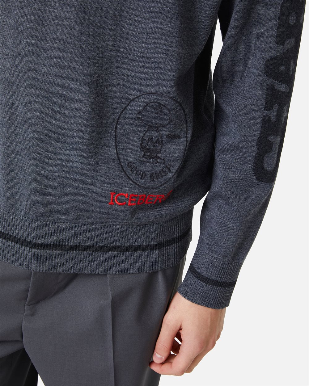 Crewneck sweater new regular fit in dark grey melange extrafine merino - Iceberg - Official Website