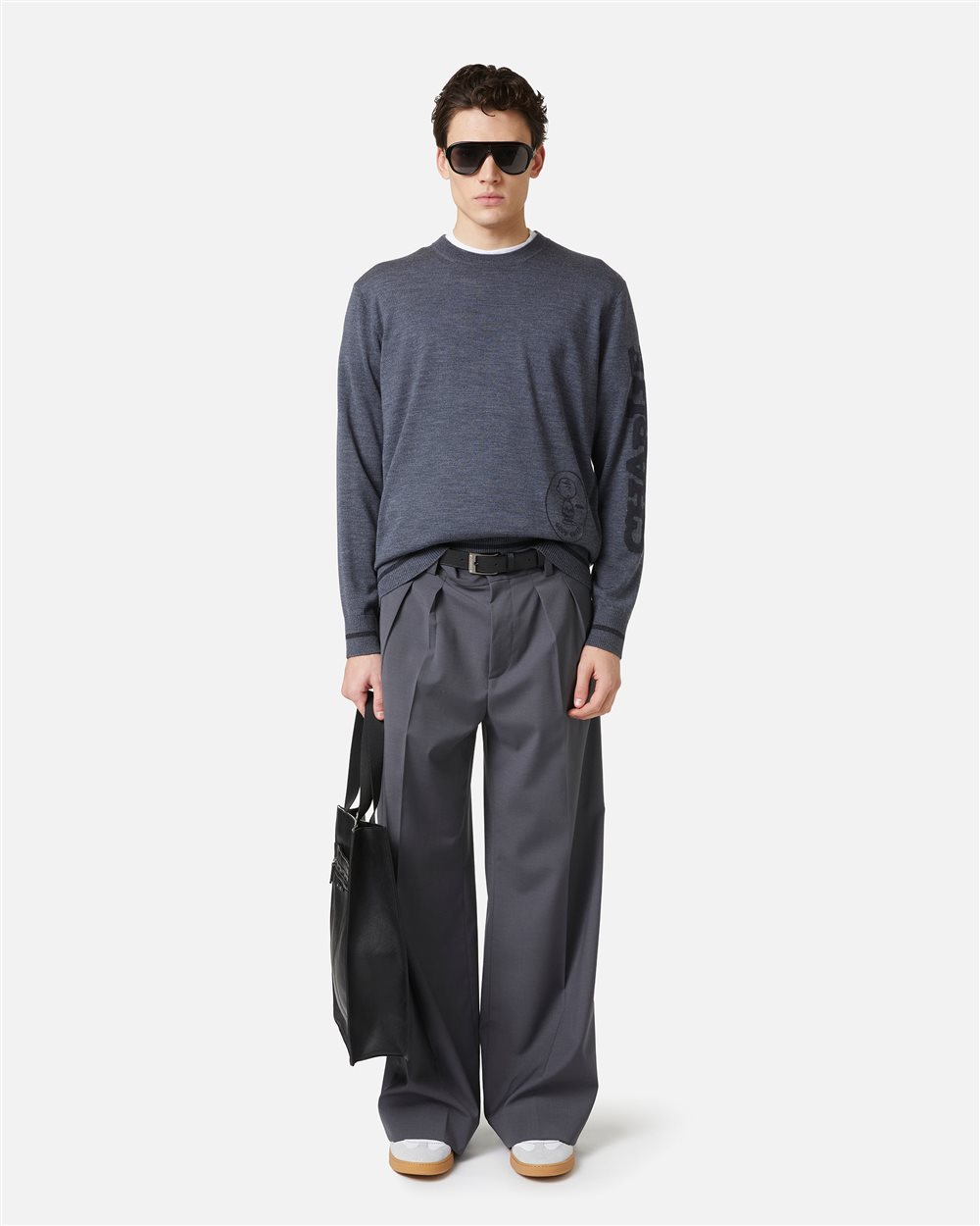 Crewneck sweater new regular fit in dark grey melange extrafine merino - Iceberg - Official Website