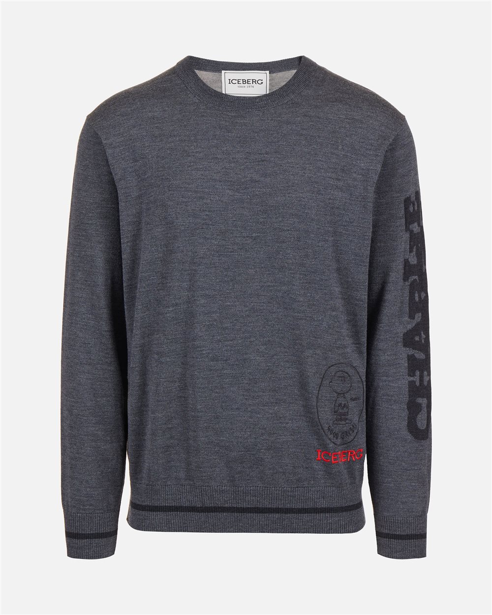 Crewneck sweater new regular fit in dark grey melange extrafine merino - Iceberg - Official Website