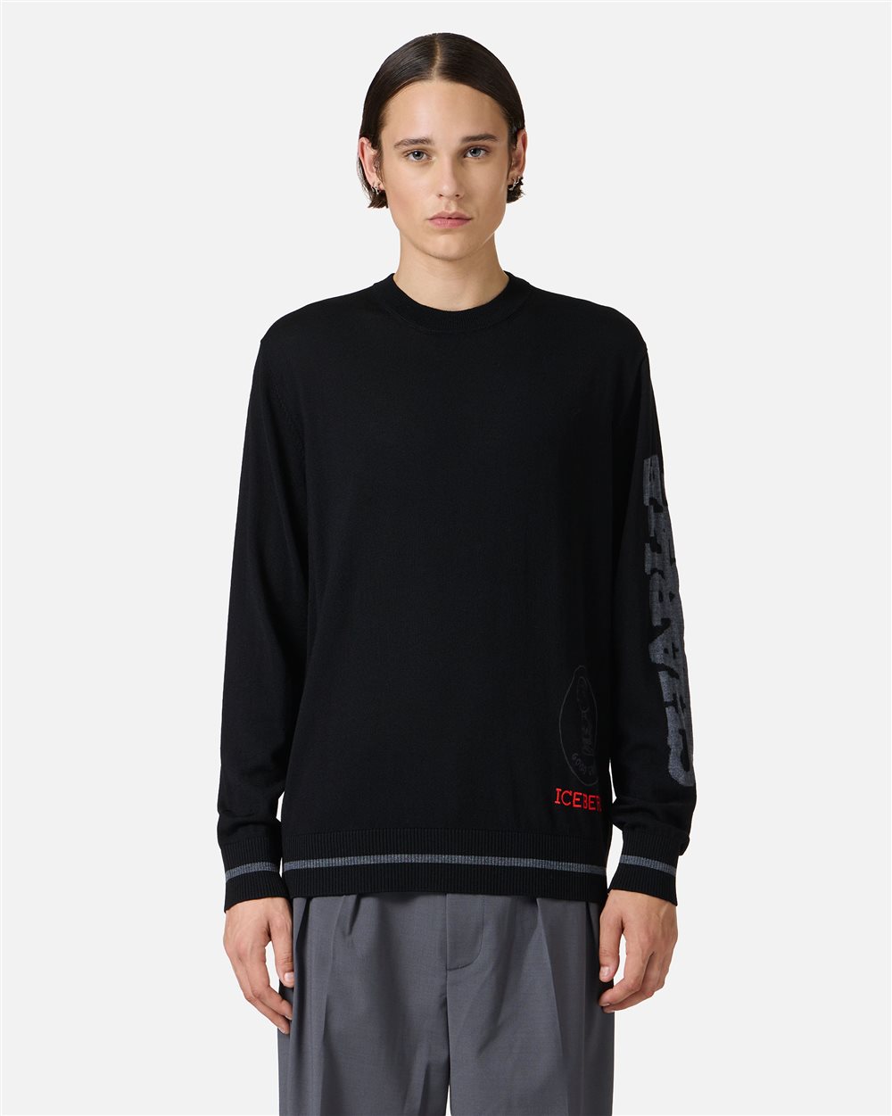 Crewneck sweater new regular fit in black extrafine merino - Iceberg - Official Website