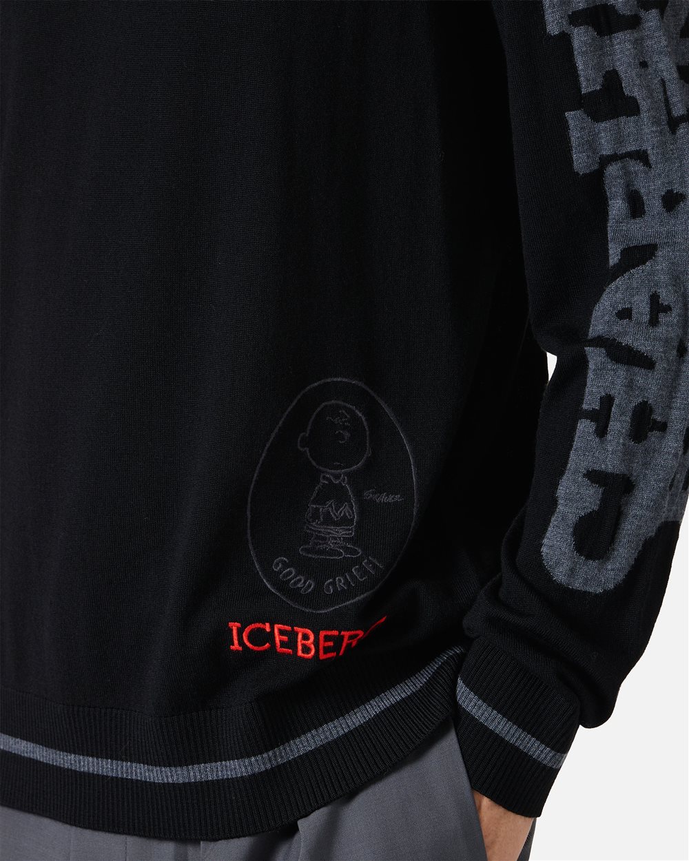 Crewneck sweater new regular fit in black extrafine merino - Iceberg - Official Website