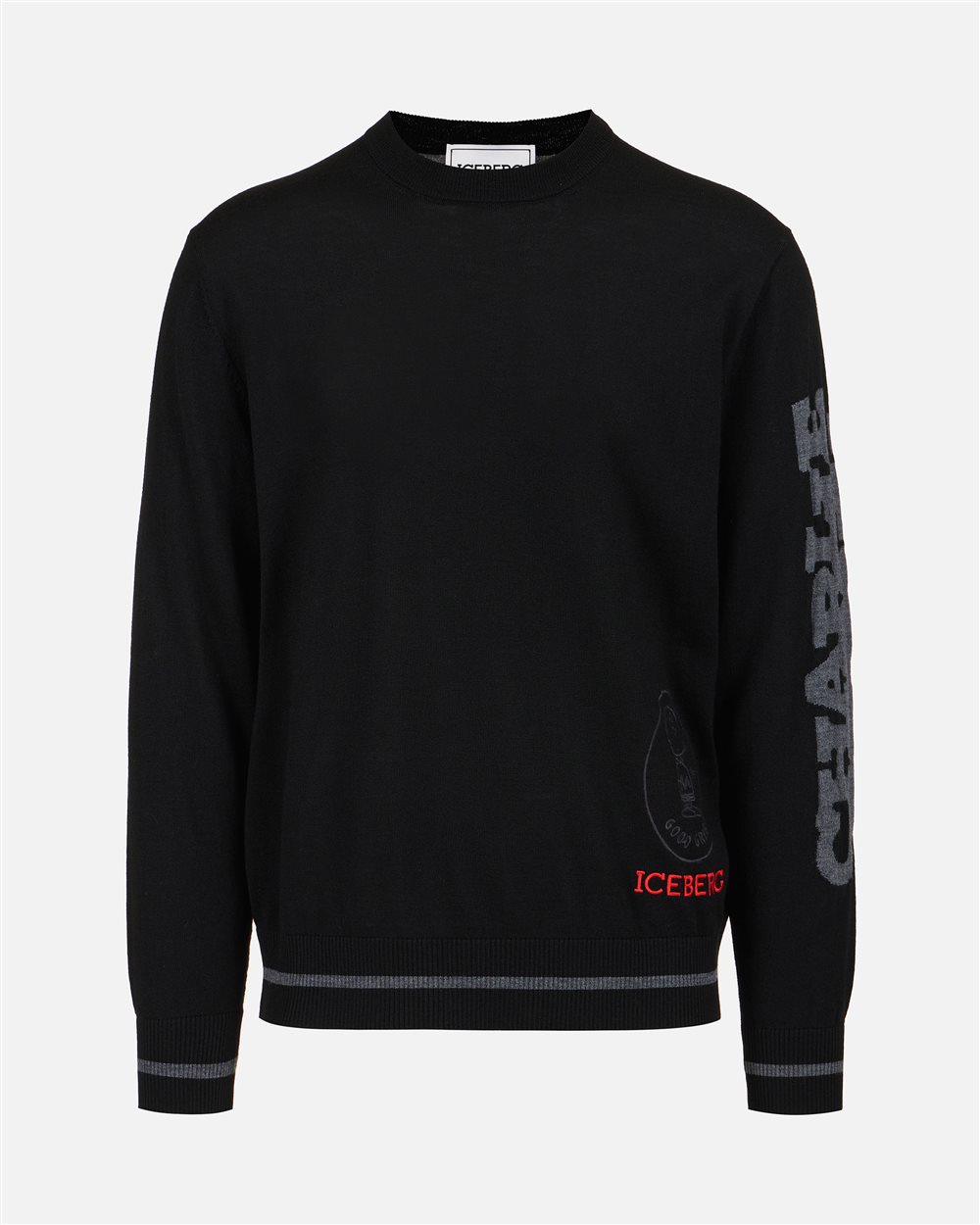Crewneck sweater new regular fit in black extrafine merino - Iceberg - Official Website