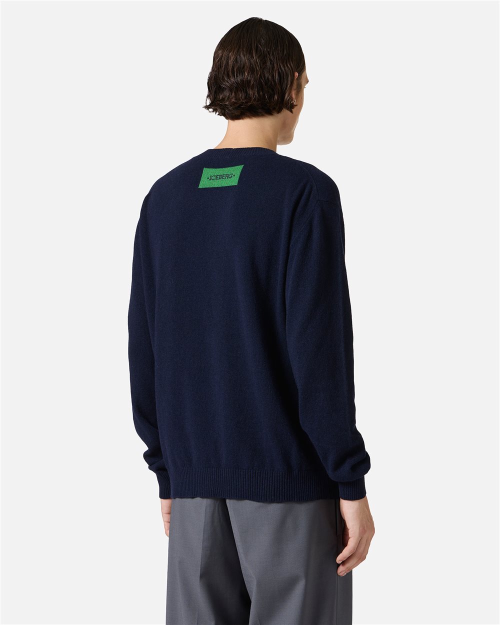 Crewneck sweater new regular fit in dark blue extrafine merino - Iceberg - Official Website