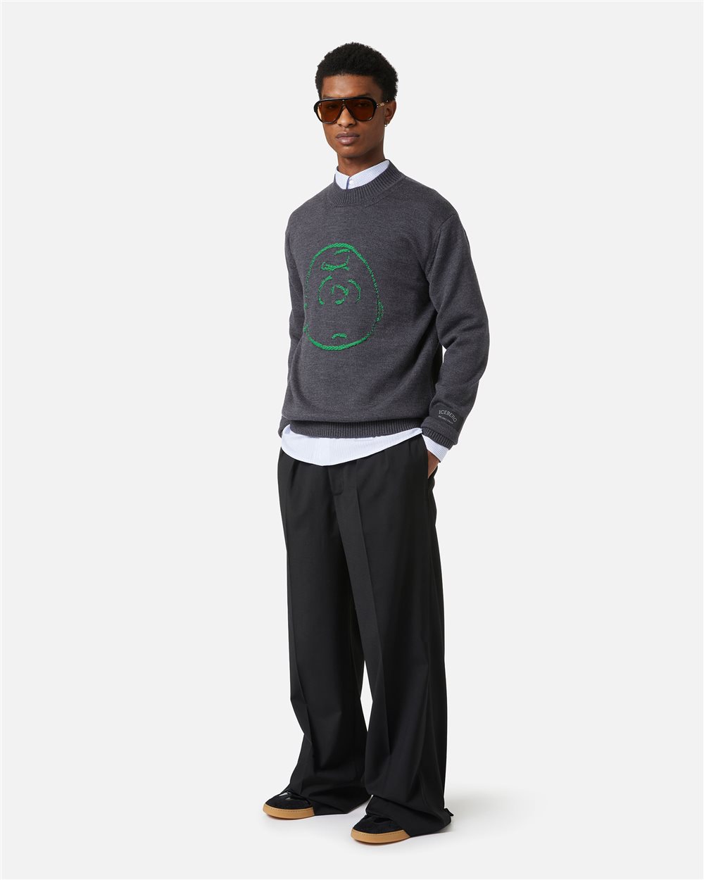 Crewneck sweater new regular fit in merino wool extrafine anthracite melange - Iceberg - Official Website