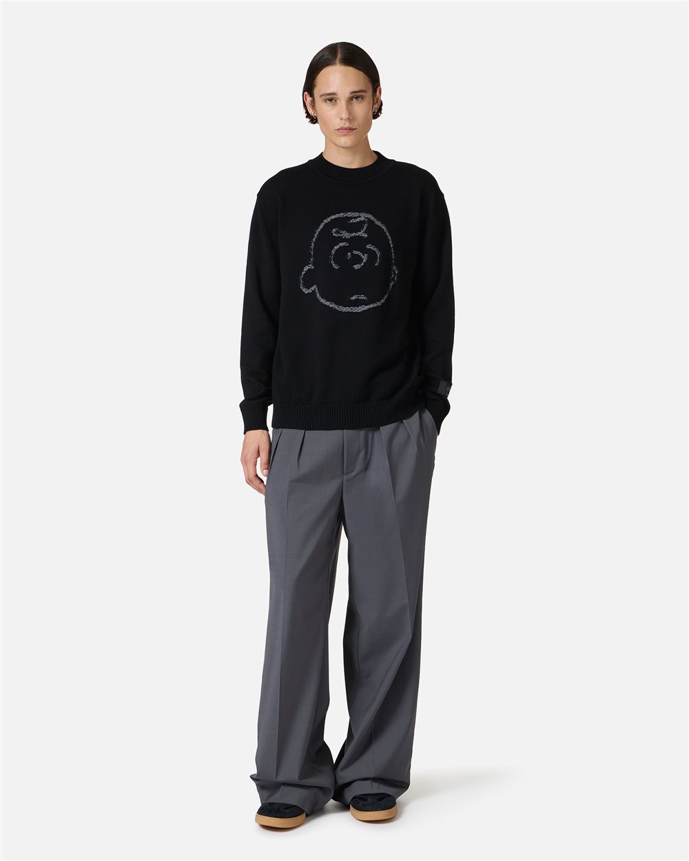New regular fit crew neck sweater in black extra-fine merino wool - Iceberg - Official Website