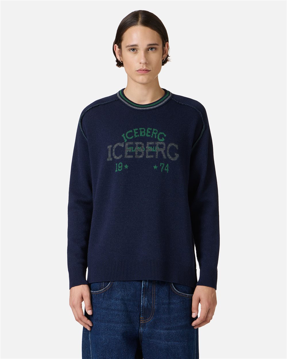New regular fit crew neck sweater in classic blue extra-fine merino wool - Iceberg - Official Website