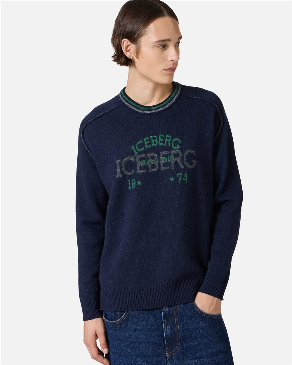 New regular fit crew neck sweater in classic blue extra-fine merino wool - Iceberg - Official Website