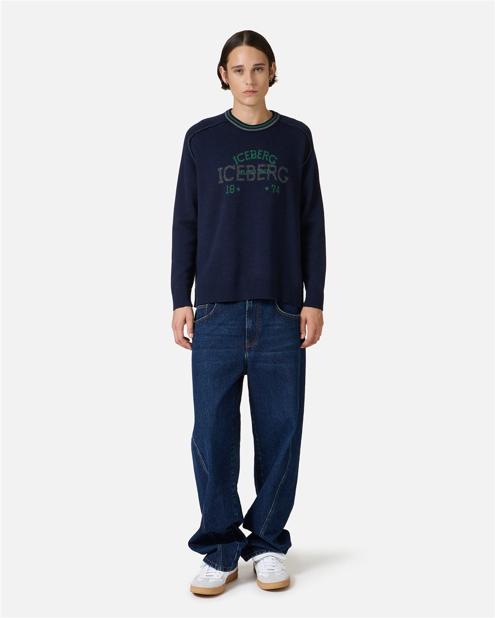 New regular fit crew neck sweater in classic blue extra-fine merino wool - Iceberg - Official Website