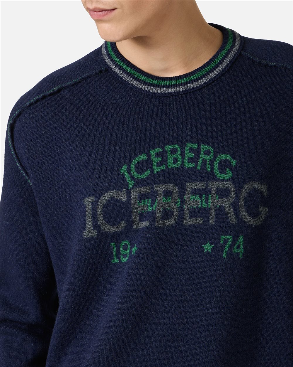 New regular fit crew neck sweater in classic blue extra-fine merino wool - Iceberg - Official Website