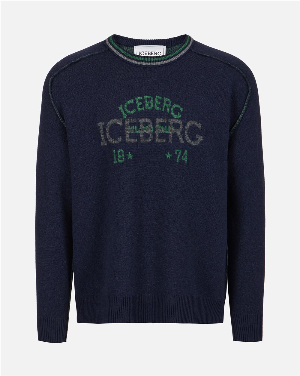 New regular fit crew neck sweater in classic blue extra-fine merino wool - Iceberg - Official Website