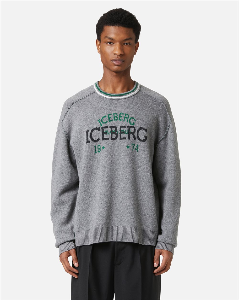 Crewneck sweater new regular fit in light grey extrafine merino wool - Iceberg - Official Website