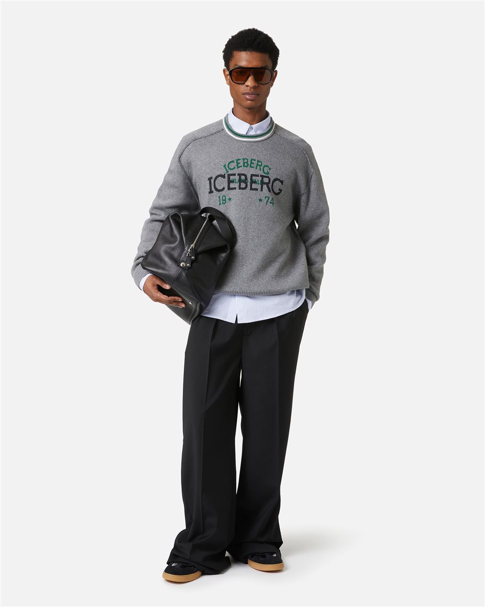Crewneck sweater new regular fit in light grey extrafine merino wool - Iceberg - Official Website