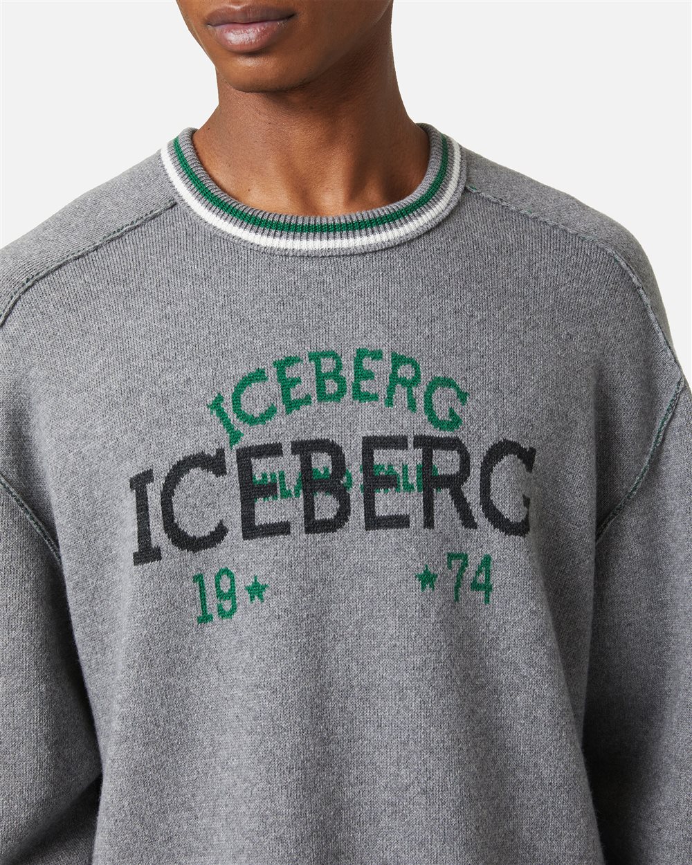 Crewneck sweater new regular fit in light grey extrafine merino wool - Iceberg - Official Website